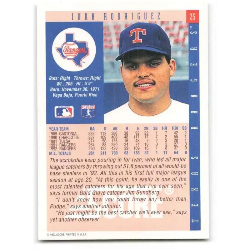 1993 Score #25 Ivan Rodriguez NM-MT Texas Rangers Baseball Card - Baseball Card Single