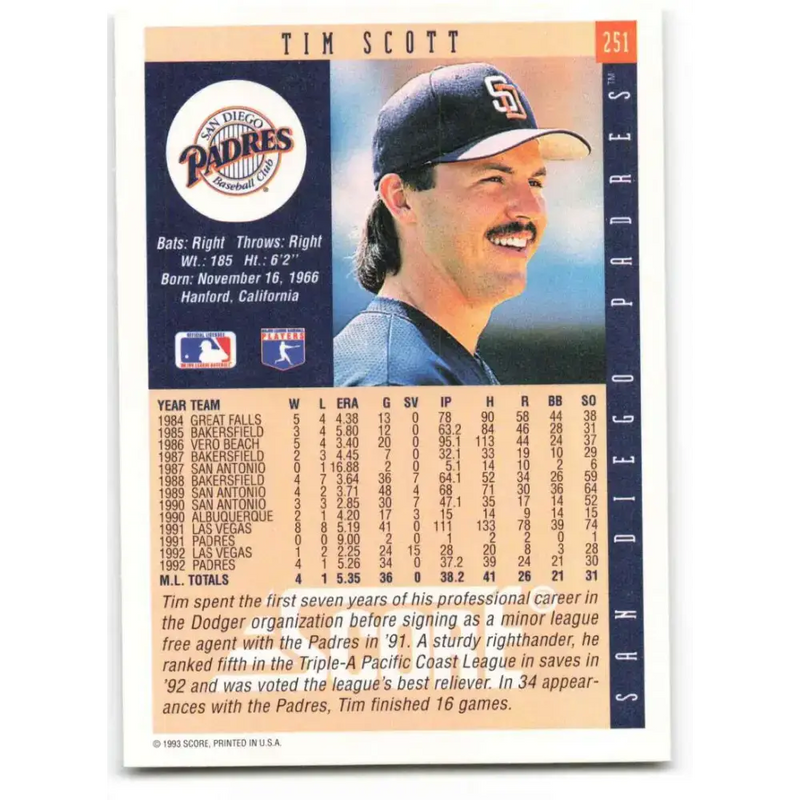 1993 Score #251 Tim Scott NM-MT San Diego Padres Baseball Card - Baseball Card Single