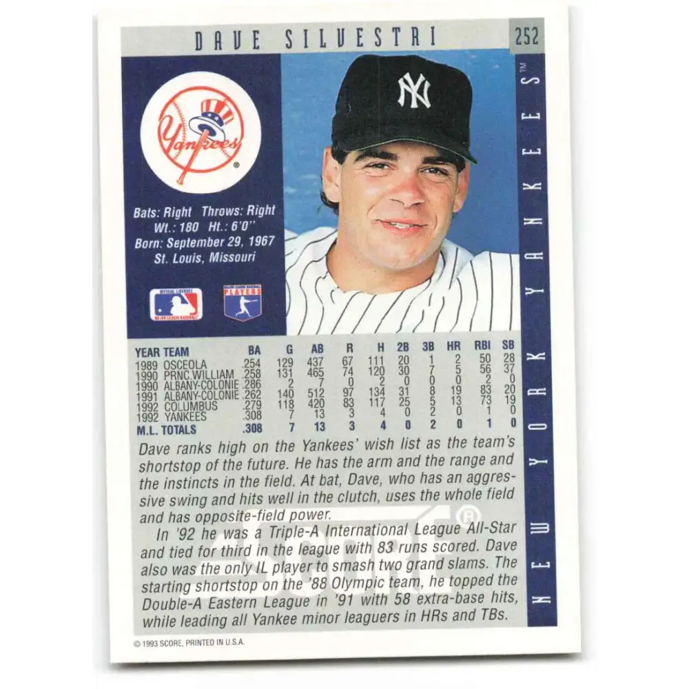 1993 Score #252 Dave Silvestri NM-MT New York Yankees Baseball Card - Baseball Card Single