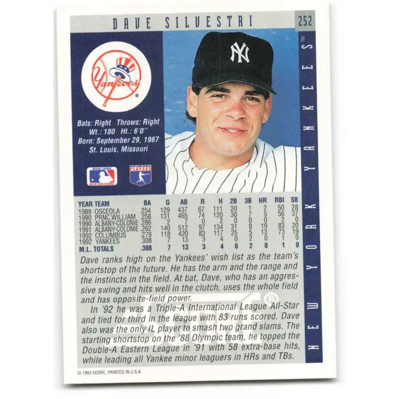 1993 Score #252 Dave Silvestri NM-MT New York Yankees Baseball Card - Baseball Card Single