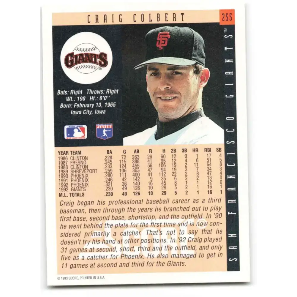 1993 Score #255 Craig Colbert NM-MT San Francisco Giants Baseball Card - Baseball Card Single