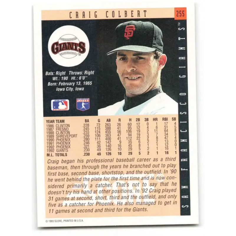 1993 Score #255 Craig Colbert NM-MT San Francisco Giants Baseball Card - Baseball Card Single