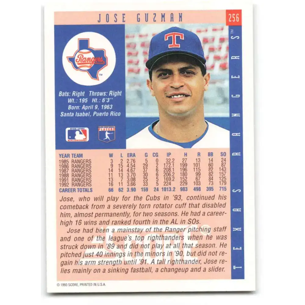 1993 Score #256 Jose Guzman NM-MT Texas Rangers Baseball Card - Baseball Card Single
