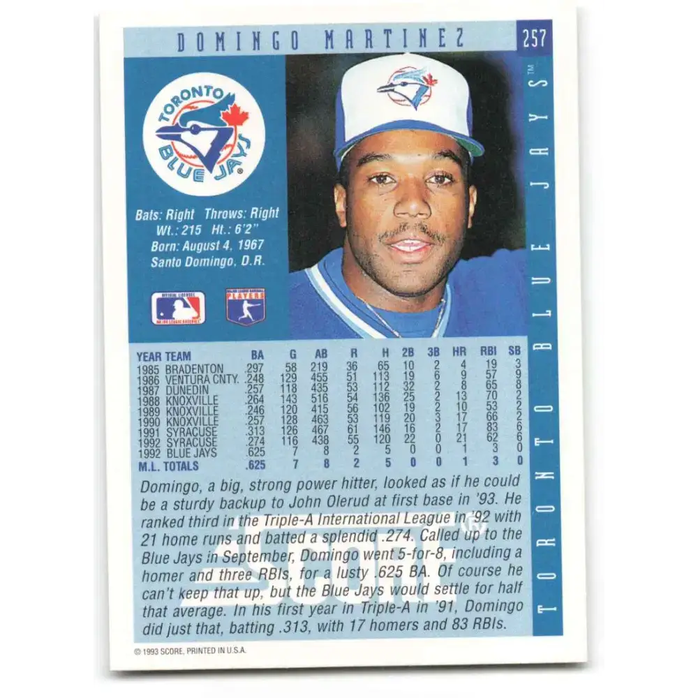 1993 Score #257 Domingo Martinez NM-MT RC Rookie Toronto Blue Jays Baseball Card - Baseball Card Single