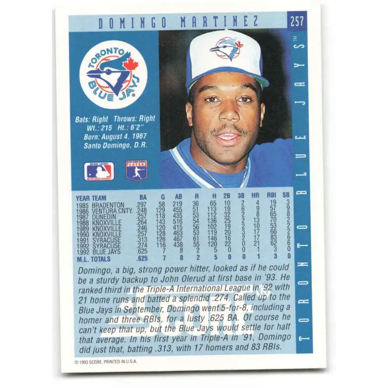 1993 Score #257 Domingo Martinez NM-MT RC Rookie Toronto Blue Jays Baseball Card - Baseball Card Single