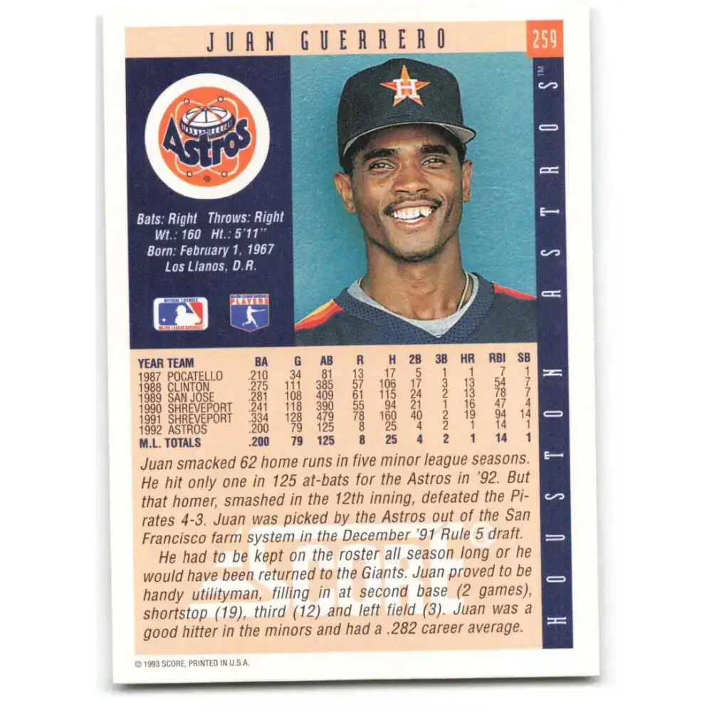 1993 Score #259 Juan Guerrero NM-MT Houston Astros Baseball Card - Baseball Card Single