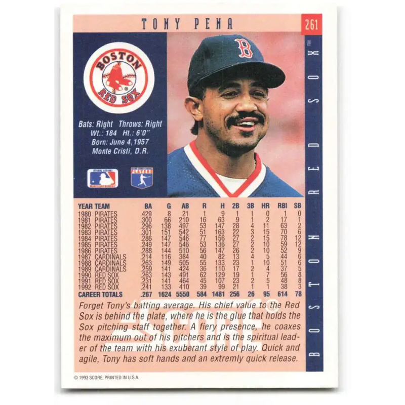 1993 Score #261 Tony Pena NM-MT Boston Red Sox Baseball Card - Baseball Card Single