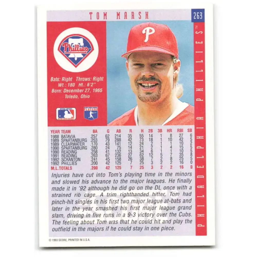 1993 Score #263 Tom Marsh NM-MT Philadelphia Phillies Baseball Card - Baseball Card Single