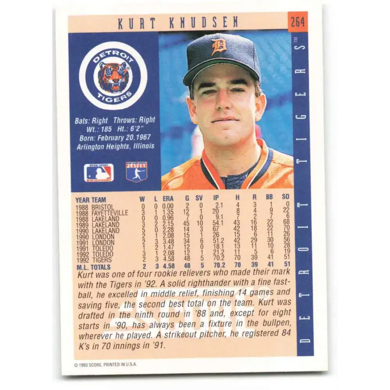 1993 Score #264 Kurt Knudsen NM-MT Detroit Tigers Baseball Card - Baseball Card Single
