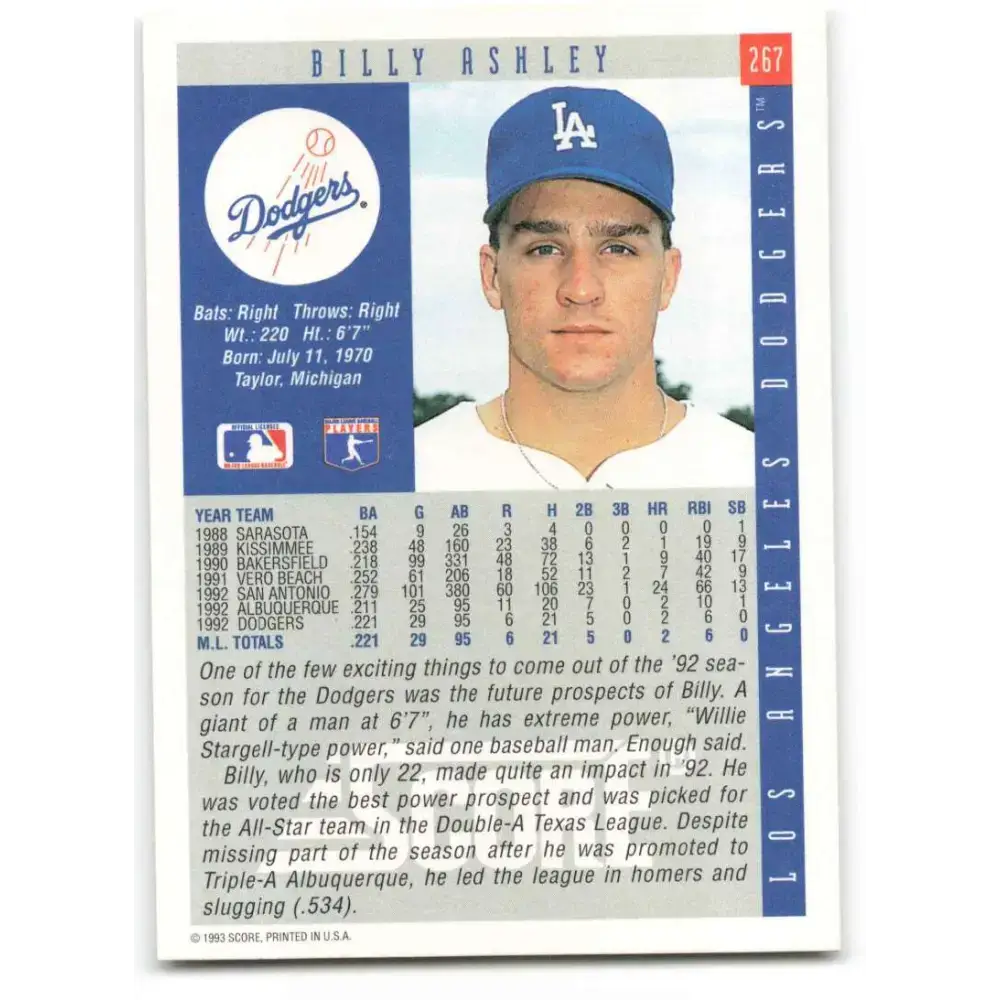 1993 Score #267 Billy Ashley NM-MT Los Angeles Dodgers Baseball Card - Baseball Card Single