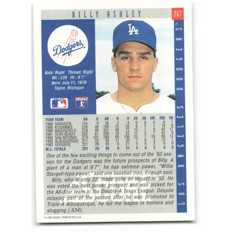 1993 Score #267 Billy Ashley NM-MT Los Angeles Dodgers Baseball Card - Baseball Card Single