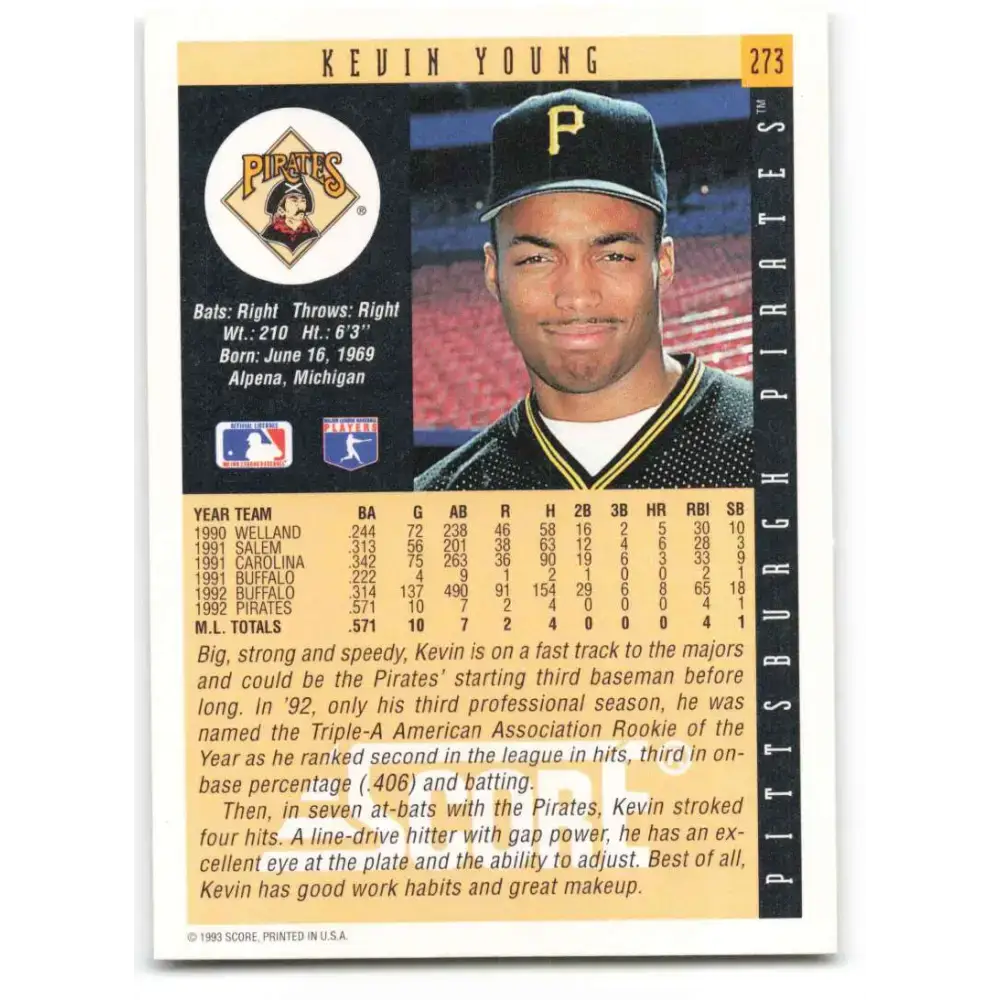 1993 Score #273 Kevin Young NM-MT Pittsburgh Pirates Baseball Card - Baseball Card Single