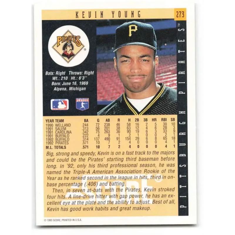 1993 Score #273 Kevin Young NM-MT Pittsburgh Pirates Baseball Card - Baseball Card Single