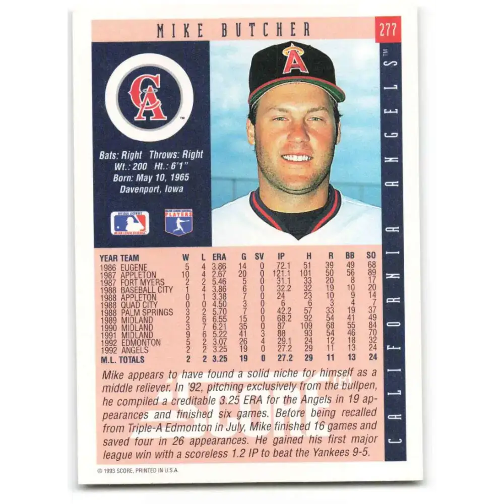 1993 Score #277 Mike Butcher NM-MT California Angels Baseball Card - Baseball Card Single