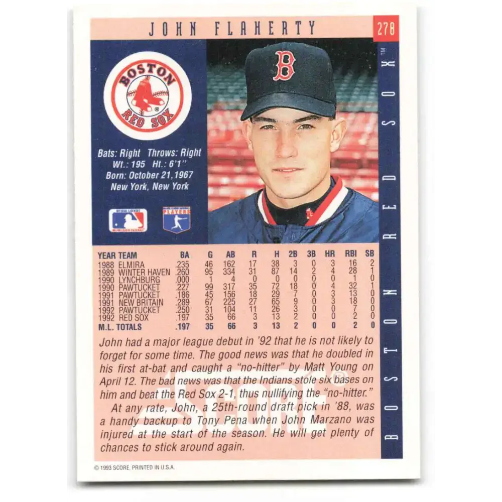1993 Score #278 John Flaherty NM-MT Boston Red Sox Baseball Card - Baseball Card Single