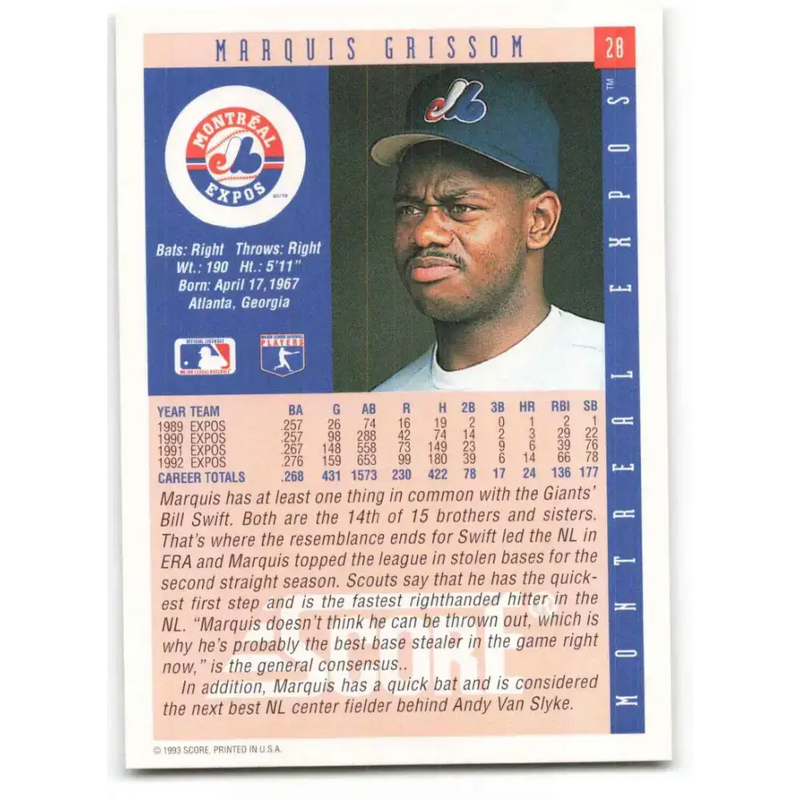 1993 Score #28 Marquis Grissom NM-MT Montreal Expos Baseball Card - Baseball Card Single