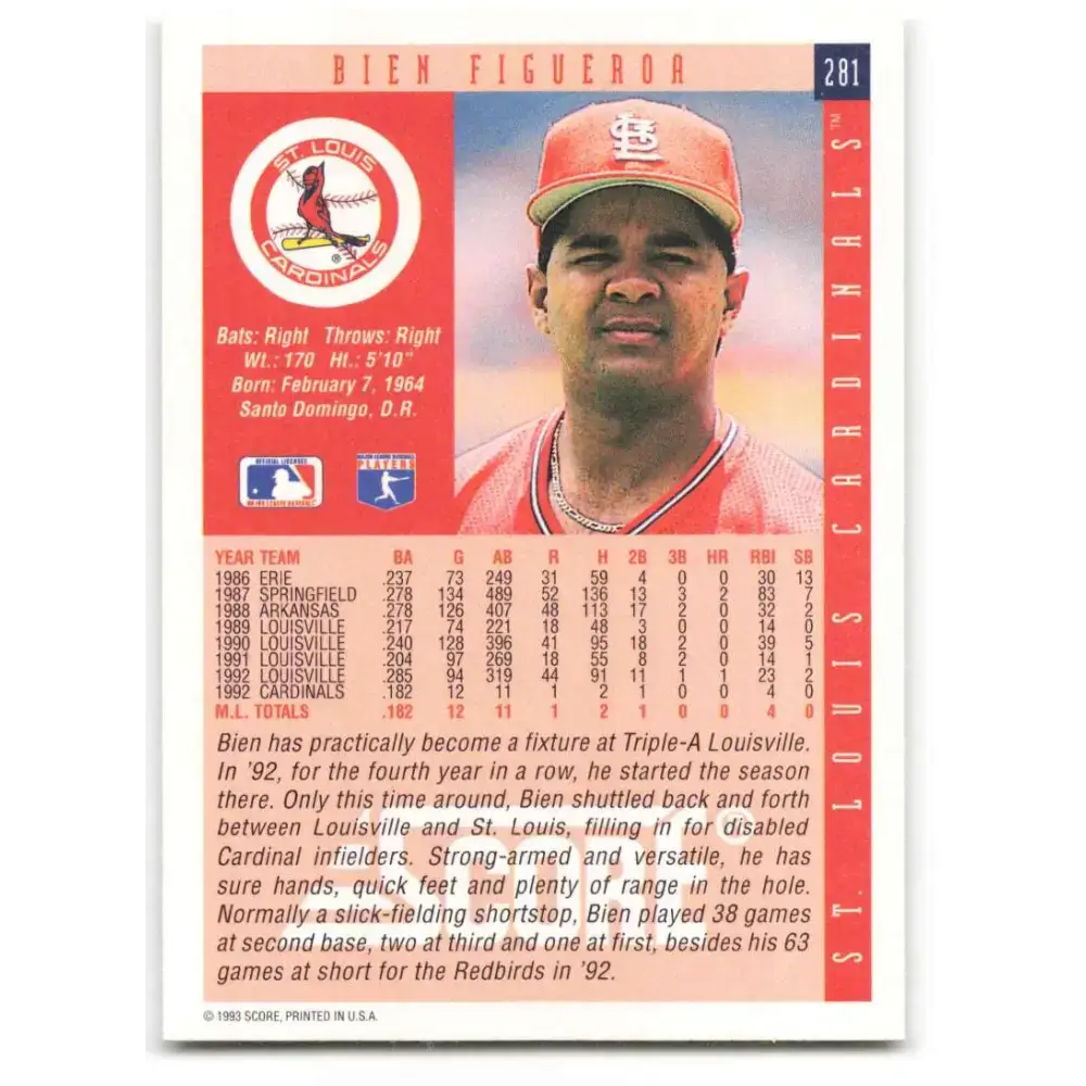 1993 Score #281 Bien Figueroa NM-MT St. Louis Cardinals Baseball Card - Baseball Card Single