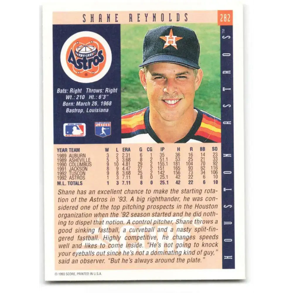 1993 Score #282 Shane Reynolds NM-MT Houston Astros Baseball Card - Baseball Card Single