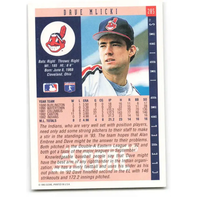 1993 Score #285 Dave Mlicki NM-MT Cleveland Indians Baseball Card - Baseball Card Single