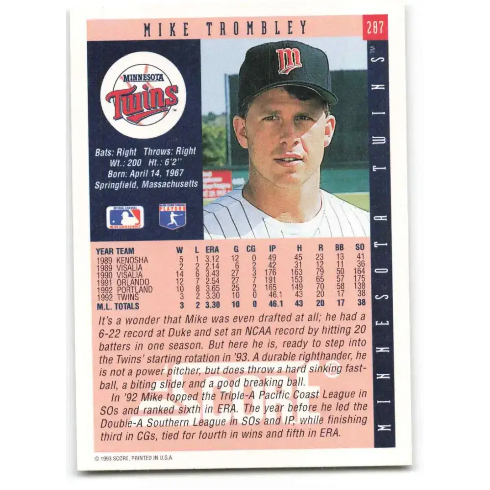 1993 Score #287 Mike Trombley NM-MT Minnesota Twins Baseball Card - Baseball Card Single