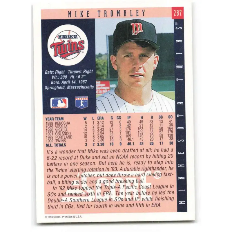 1993 Score #287 Mike Trombley NM-MT Minnesota Twins Baseball Card - Baseball Card Single