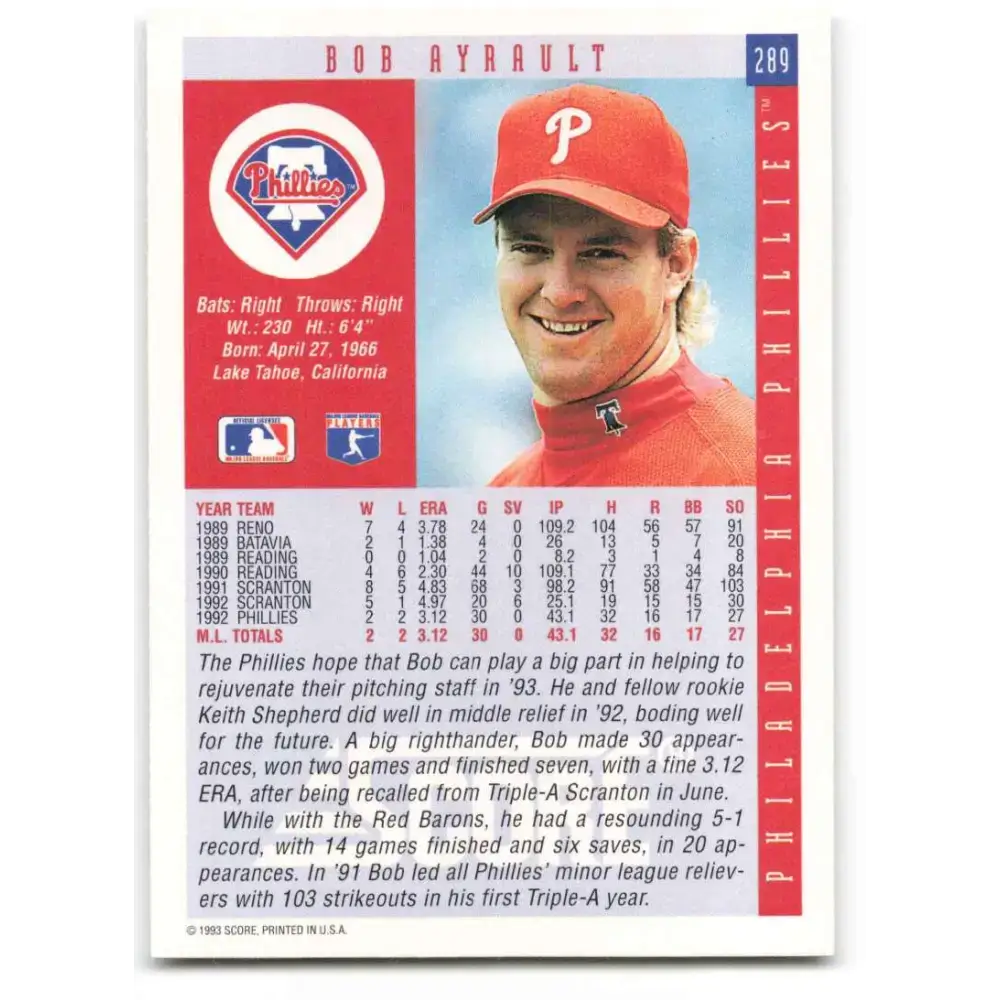1993 Score #289 Bob Ayrault NM-MT Philadelphia Phillies Baseball Card - Baseball Card Single