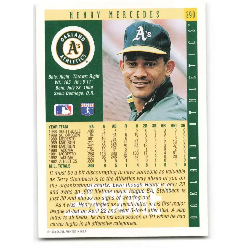 1993 Score #290 Henry Mercedes NM-MT Oakland Athletics Baseball Card - Baseball Card Single