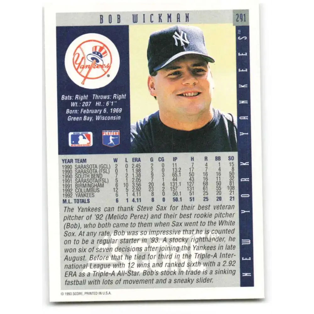 1993 Score #291 Bob Wickman NM-MT New York Yankees Baseball Card - Baseball Card Single