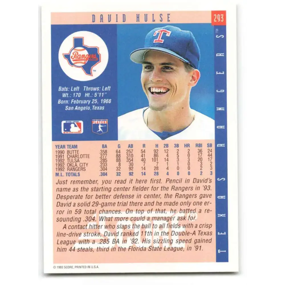 1993 Score #293 David Hulse NM-MT RC Rookie Texas Rangers Baseball Card - Baseball Card Single