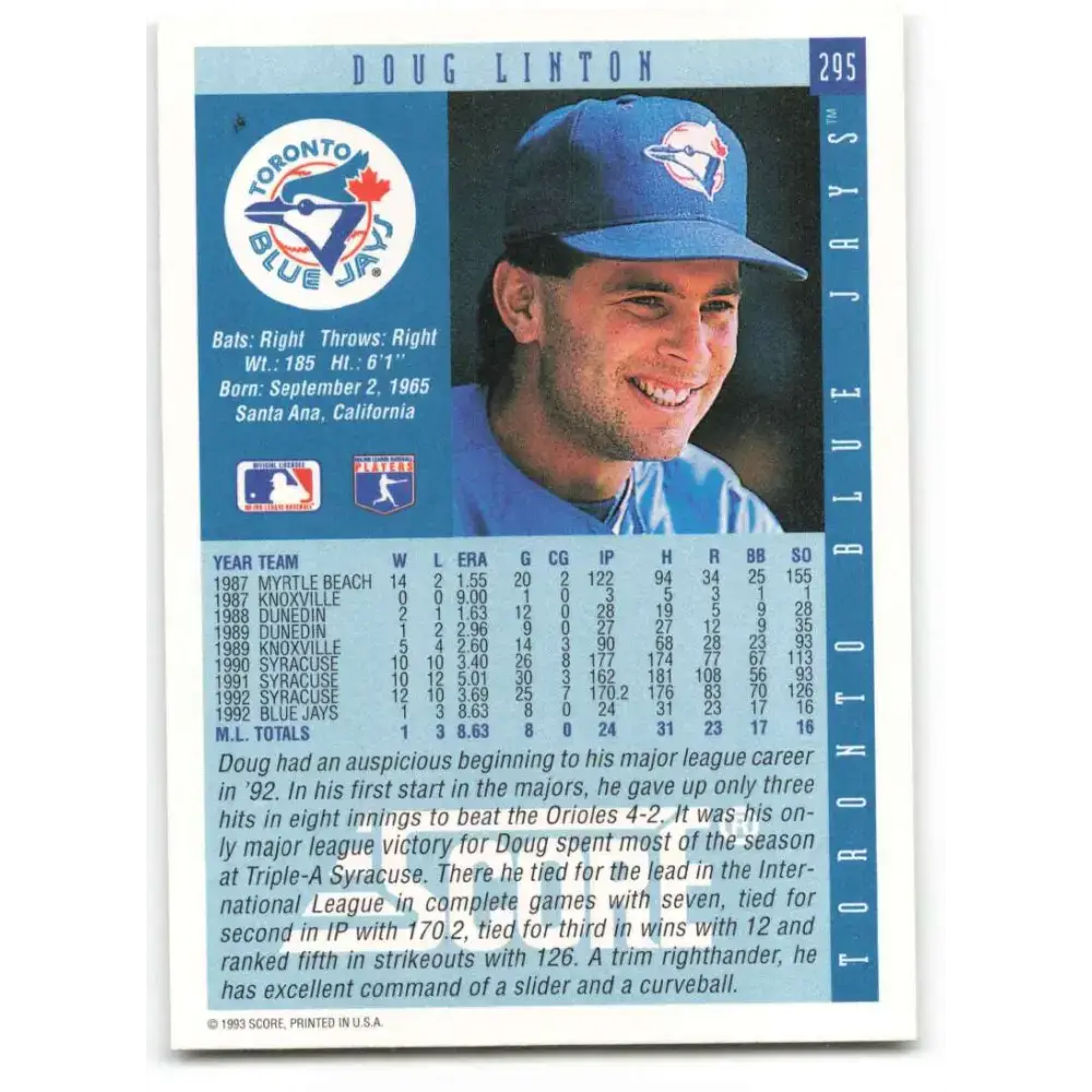 1993 Score #295 Doug Linton NM-MT Toronto Blue Jays Baseball Card - Baseball Card Single