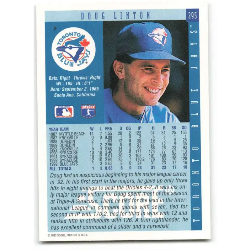 1993 Score #295 Doug Linton NM-MT Toronto Blue Jays Baseball Card - Baseball Card Single