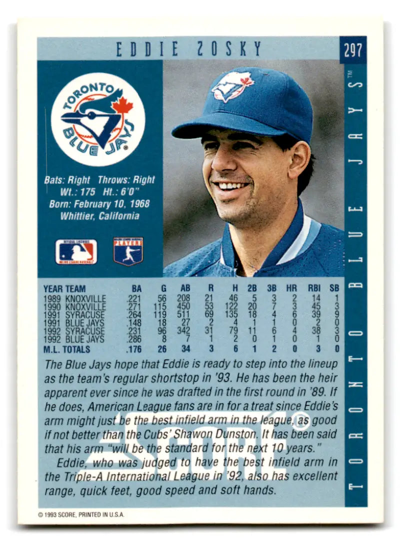 1993 Score #297 Eddie Zosky EX/NM Blue Jays ID:70103 - Baseball Card Single