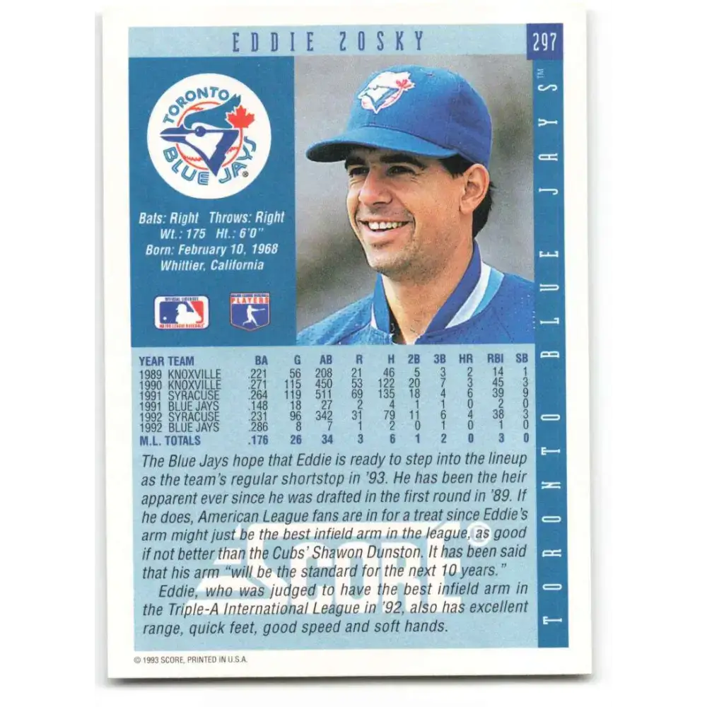 1993 Score #297 Eddie Zosky NM-MT Toronto Blue Jays Baseball Card - Baseball Card Single