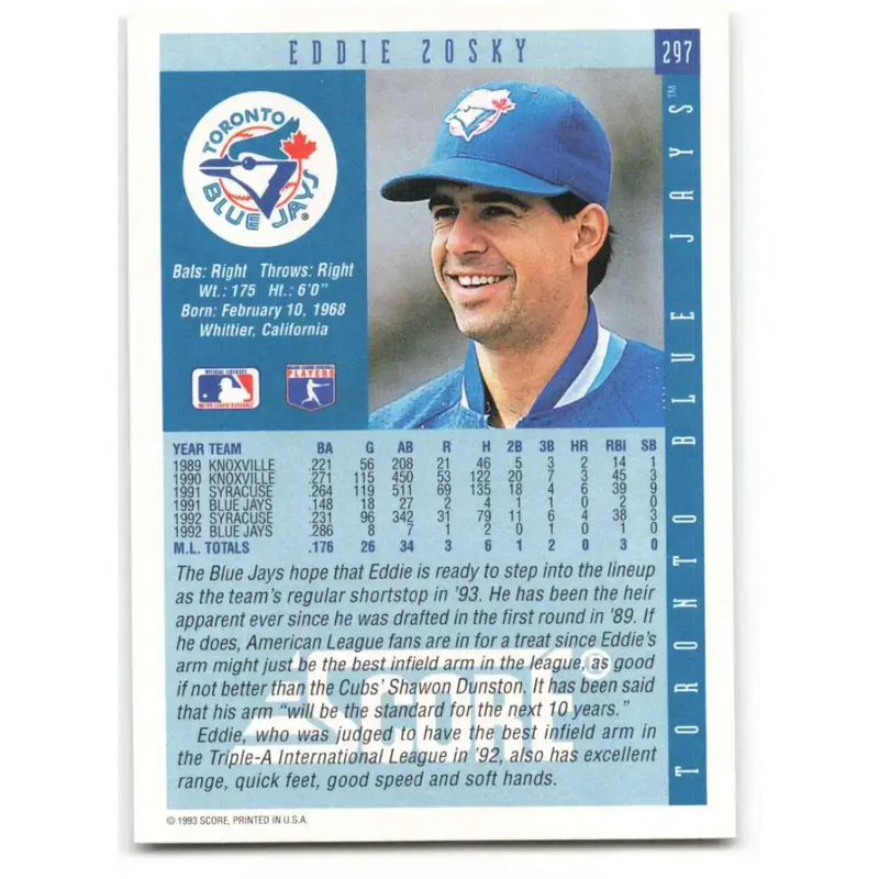 1993 Score #297 Eddie Zosky NM-MT Toronto Blue Jays Baseball Card - Baseball Card Single