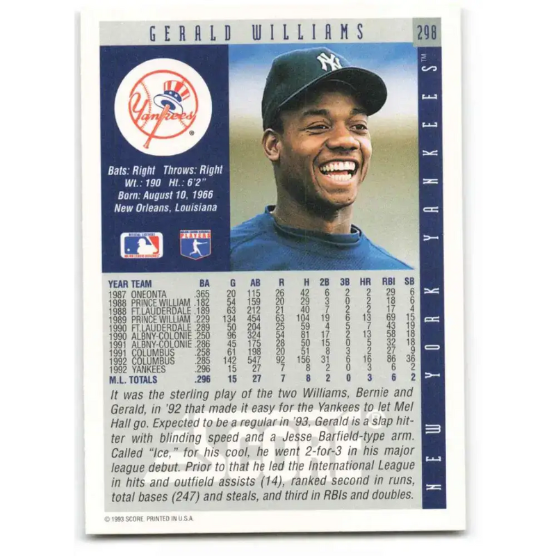 1993 Score #298 Gerald Williams NM-MT New York Yankees Baseball Card - Baseball Card Single