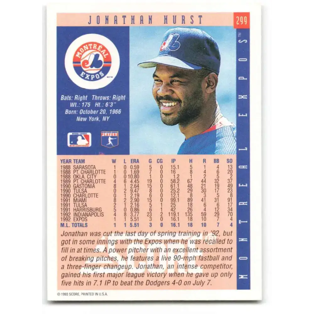 1993 Score #299 Jonathan Hurst NM-MT Montreal Expos Baseball Card - Baseball Card Single