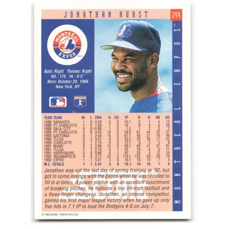 1993 Score #299 Jonathan Hurst NM-MT Montreal Expos Baseball Card - Baseball Card Single