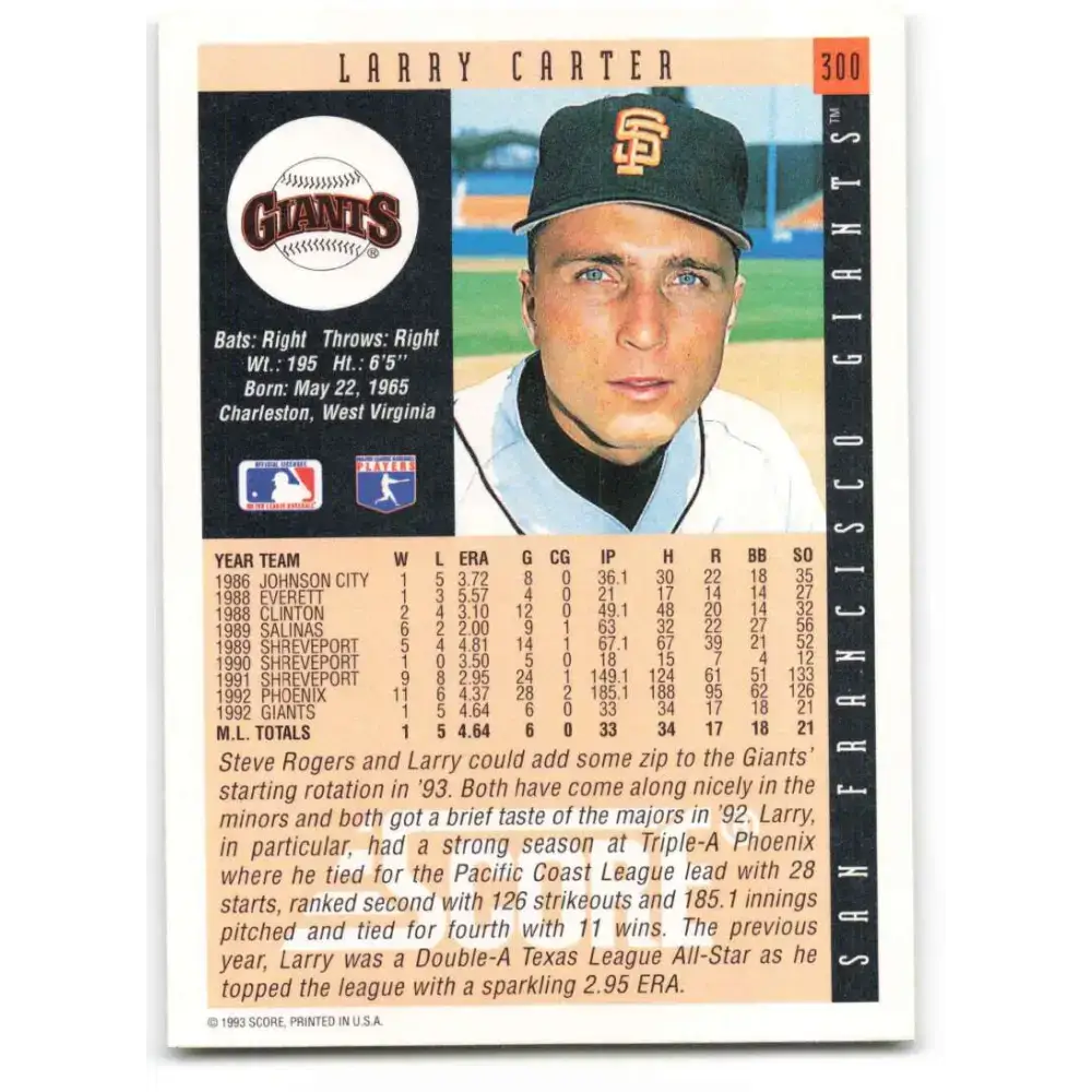 1993 Score #300 Larry Carter NM-MT RC Rookie San Francisco Giants Baseball Card - Baseball Card Single