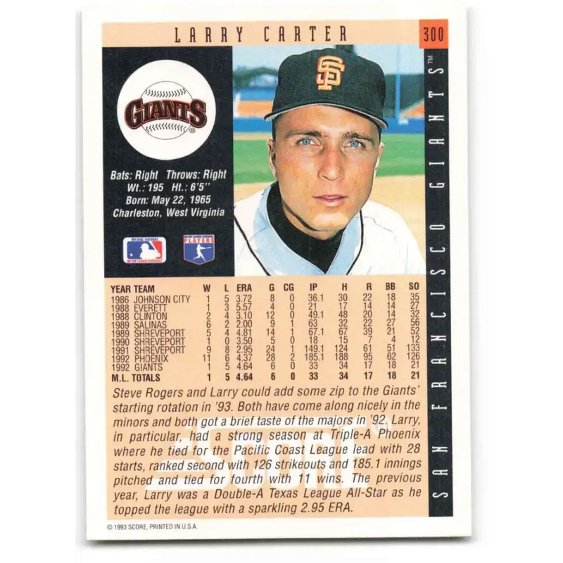 1993 Score #300 Larry Carter NM-MT RC Rookie San Francisco Giants Baseball Card - Baseball Card Single