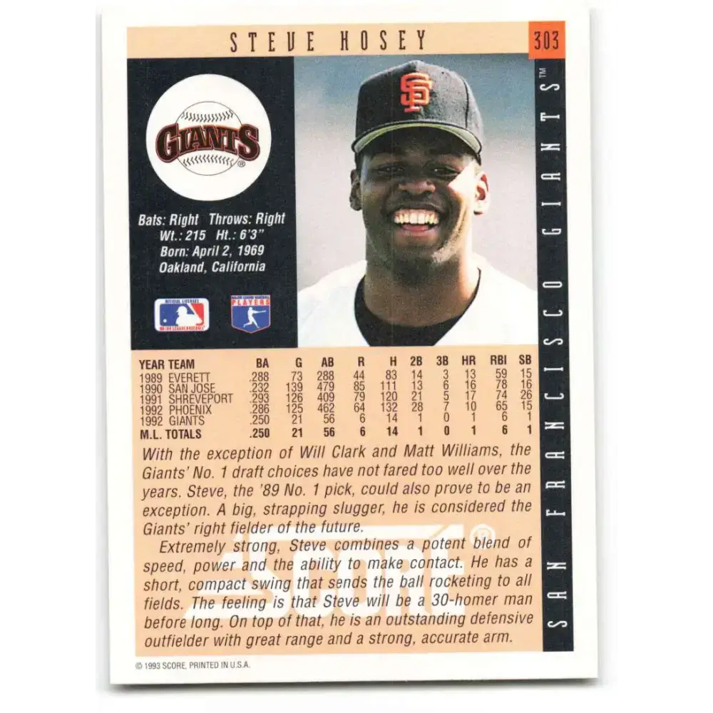 1993 Score #303 Steve Hosey NM-MT San Francisco Giants Baseball Card - Baseball Card Single
