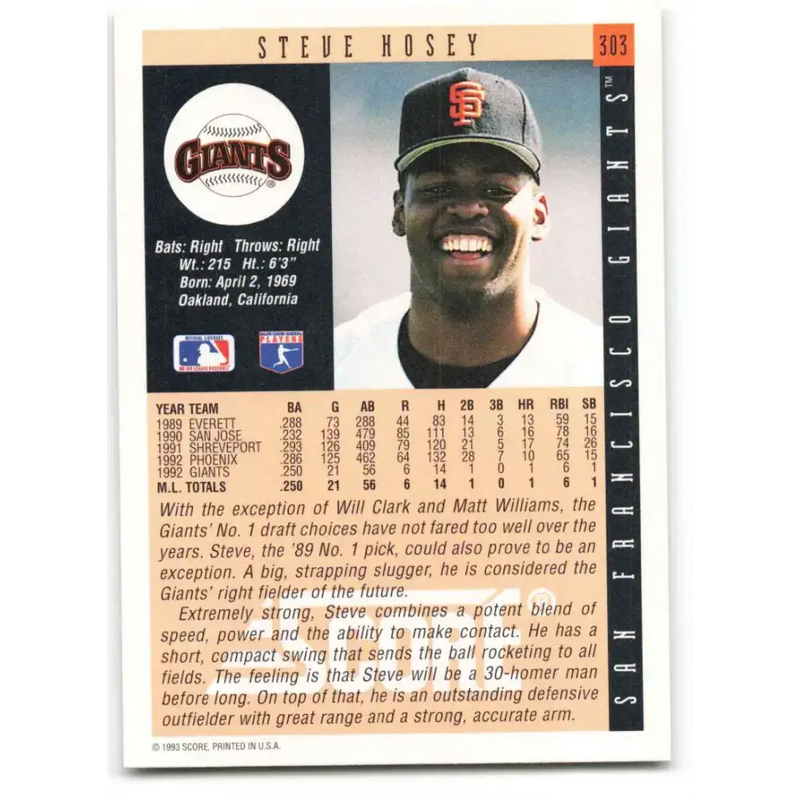 1993 Score #303 Steve Hosey NM-MT San Francisco Giants Baseball Card - Baseball Card Single