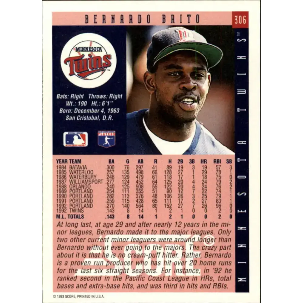 1993 Score #306 Bernardo Brito NM-MT Minnesota Twins Baseball Card - Baseball Card Single