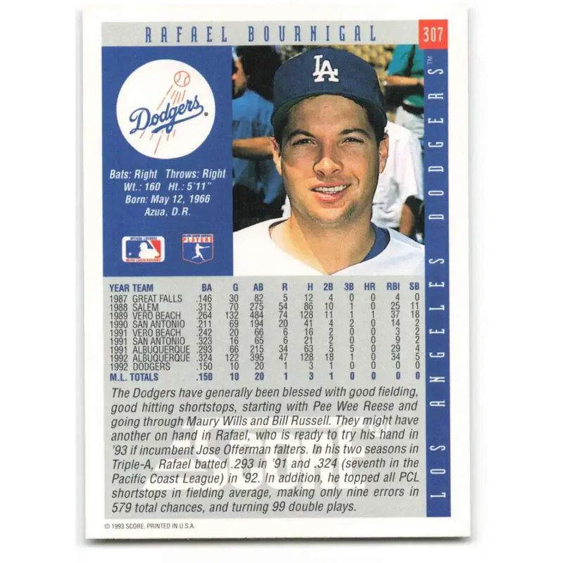 1993 Score #307 Rafael Bournigal NM-MT RC Rookie Los Angeles Dodgers Baseball Card - Baseball Card Single
