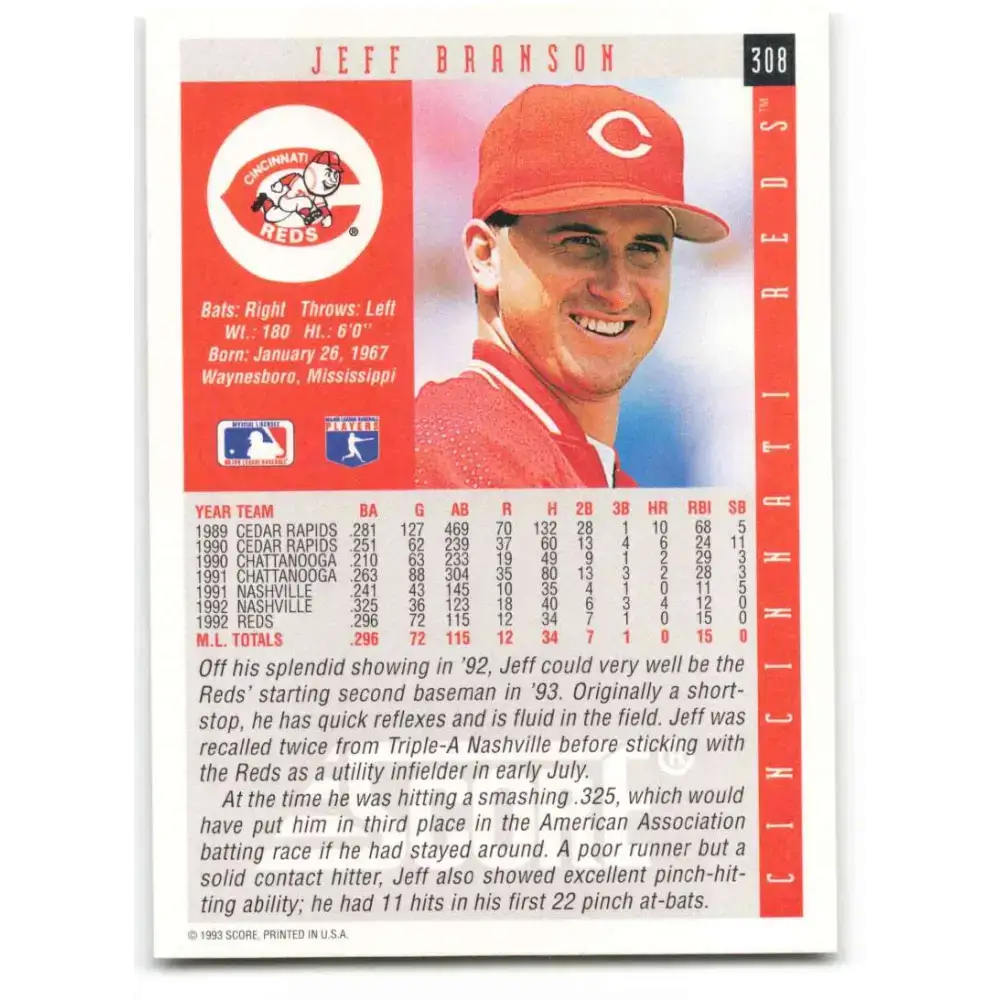 1993 Score #308 Jeff Branson NM-MT Cincinnati Reds Baseball Card - Baseball Card Single