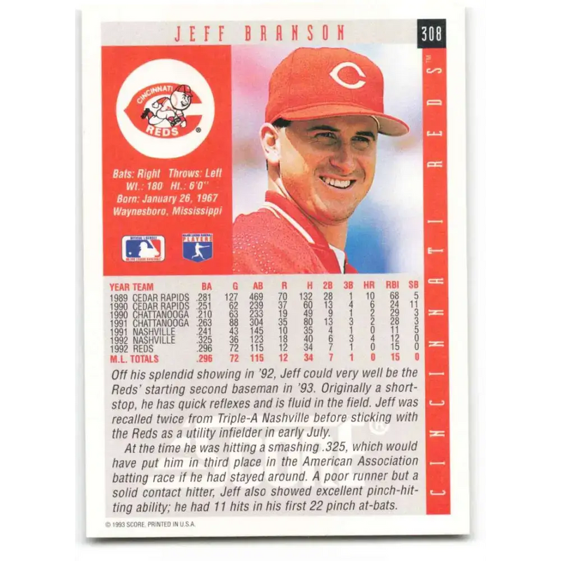 1993 Score #308 Jeff Branson NM-MT Cincinnati Reds Baseball Card - Baseball Card Single