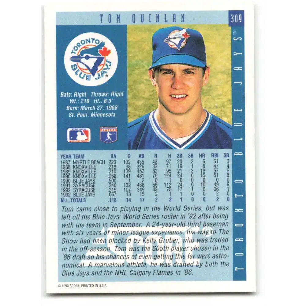 1993 Score #309 Tom Quinlan NM-MT RC Rookie Toronto Blue Jays Baseball Card - Baseball Card Single