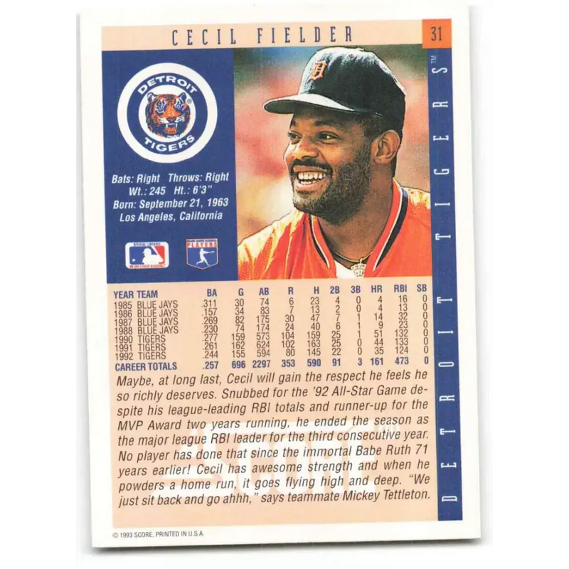 1993 Score #31 Cecil Fielder NM-MT Detroit Tigers Baseball Card - Baseball Card Single