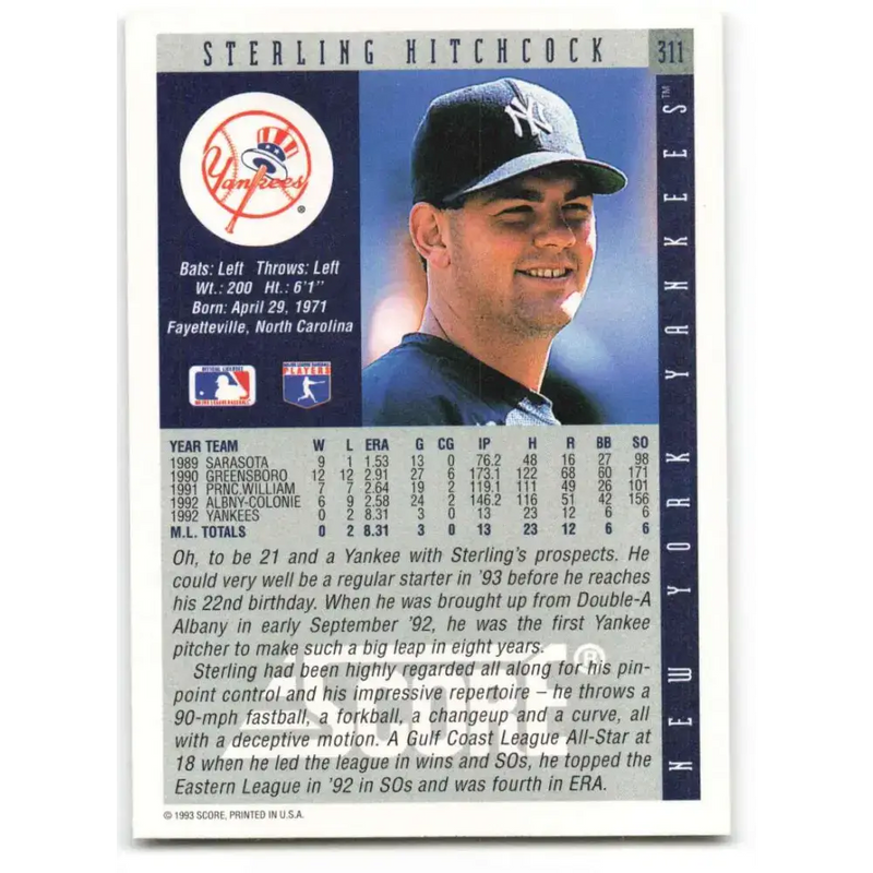 1993 Score #311 Sterling Hitchcock NM-MT RC Rookie New York Yankees Baseball Card - Baseball Card Single