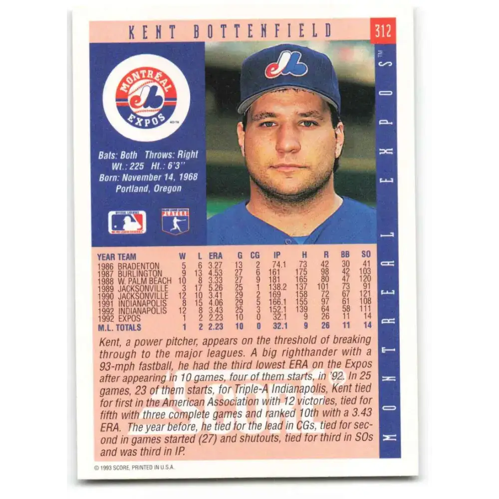 1993 Score #312 Kent Bottenfield NM-MT Montreal Expos Baseball Card - Baseball Card Single