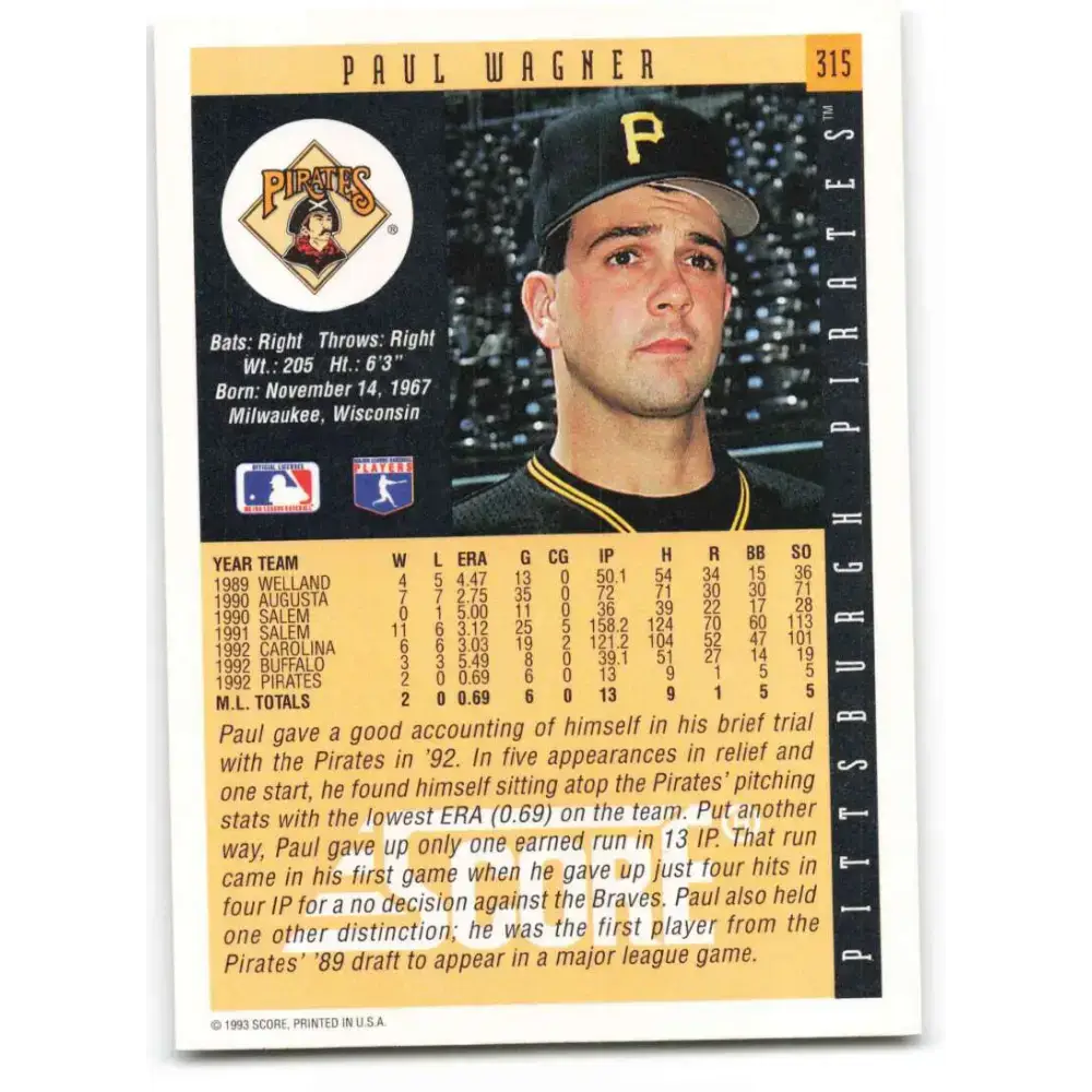 1993 Score #315 Paul Wagner NM-MT Pittsburgh Pirates Baseball Card - Baseball Card Single